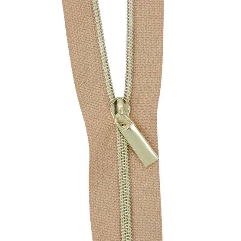 Sallie Tomato #3 Nylon Zipper Tape & Pulls - Natural With Gold Coil
