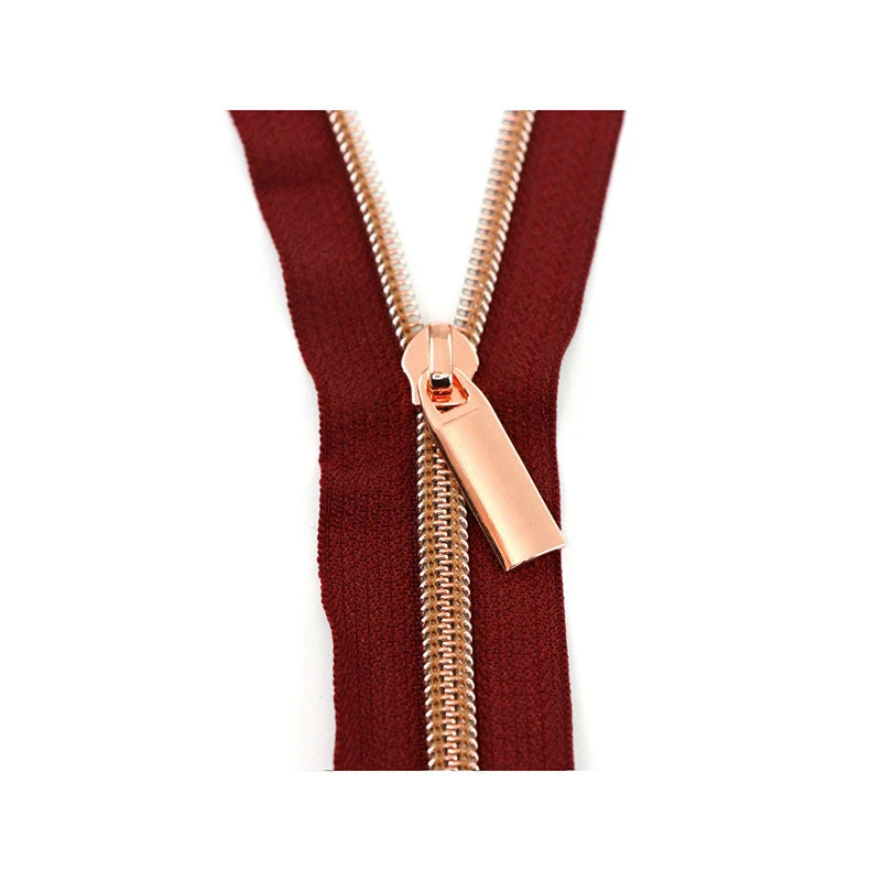 Sallie Tomato #5 Nylon Zipper Tape & Pulls - Burgundy With Rose Gold Coil