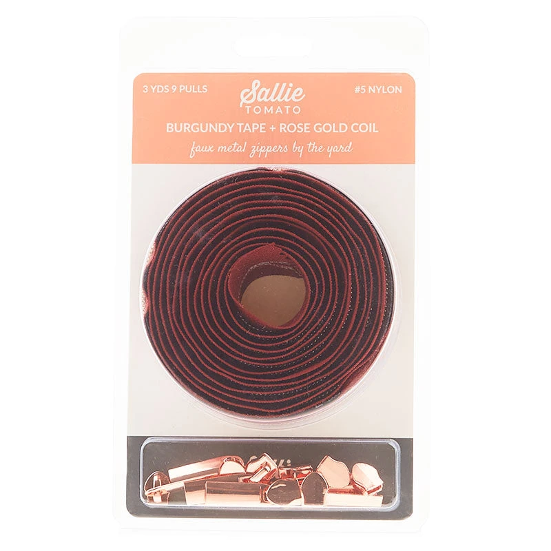 Sallie Tomato #5 Nylon Zipper Tape & Pulls - Burgundy With Rose Gold Coil - Image 2